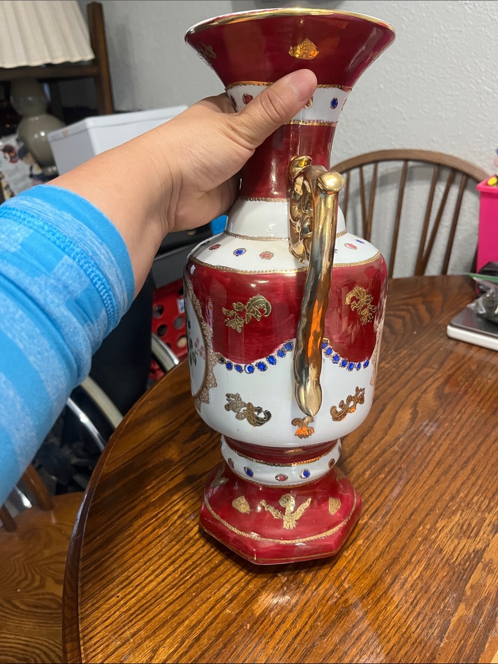 Vintage Red, White and Gold Floral Porcelain Vase with Ornate Handles - Picture 5 of 8